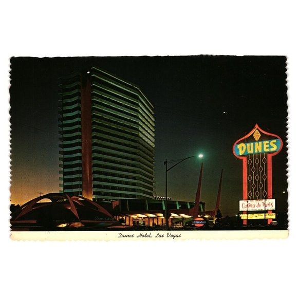 Vintage Postcard Dunes Hotel Casino Marquee Night Lights Las Vegas Nevada - Picture 1 of 2